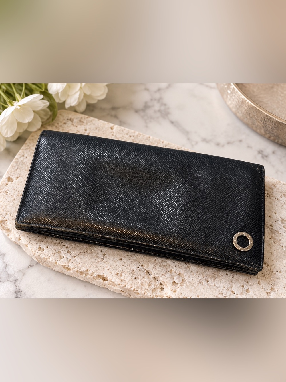 BVLGARI Bvlgari Black Leather Continental Long Wallet Silver Ring